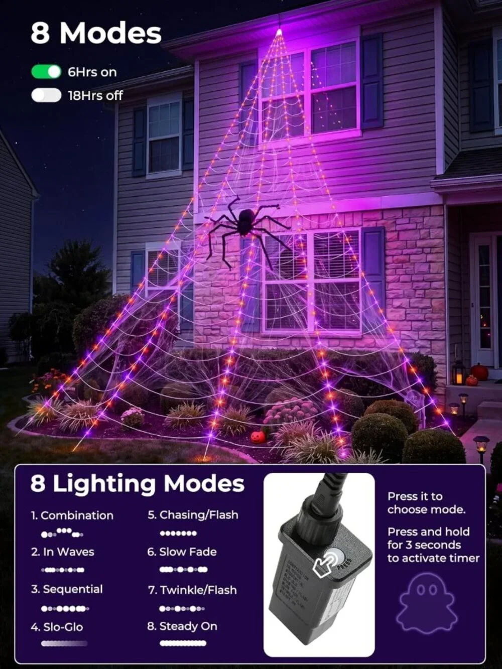 Giant Spider Web Lights for Halloween Decorations - 255 LED Outdoor Display
